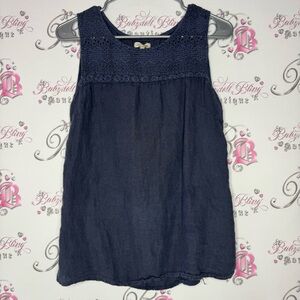 Lina tomei Italy tank top crochet mockneck shirt navy blue linen style top